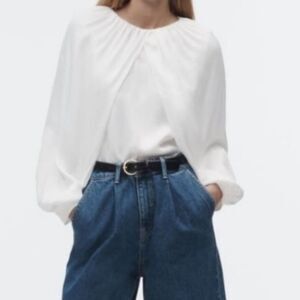 ZARA Cape Sleeve Satin White Blouse.